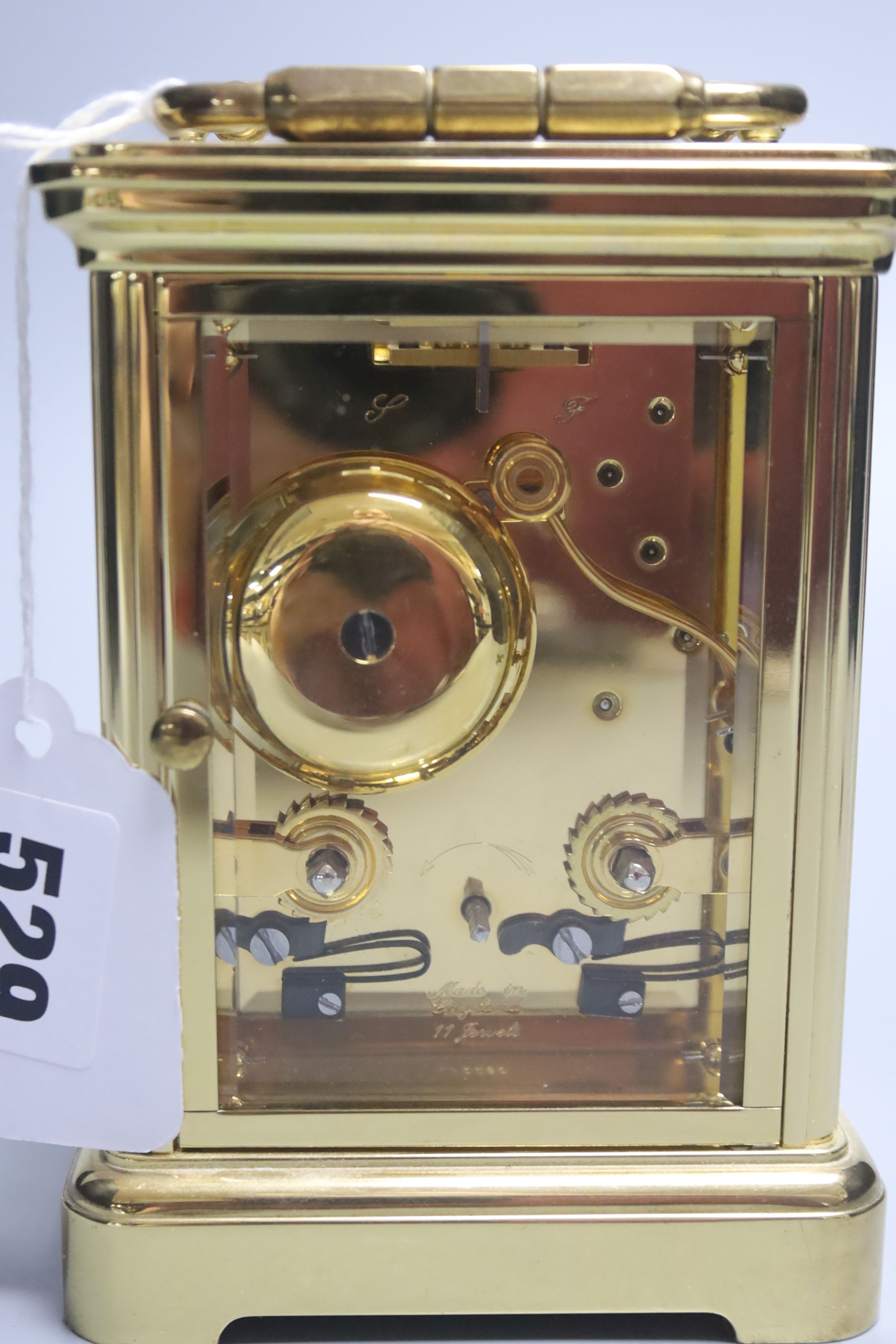 A brass cased hour repeating carriage clock, height 14.5cm